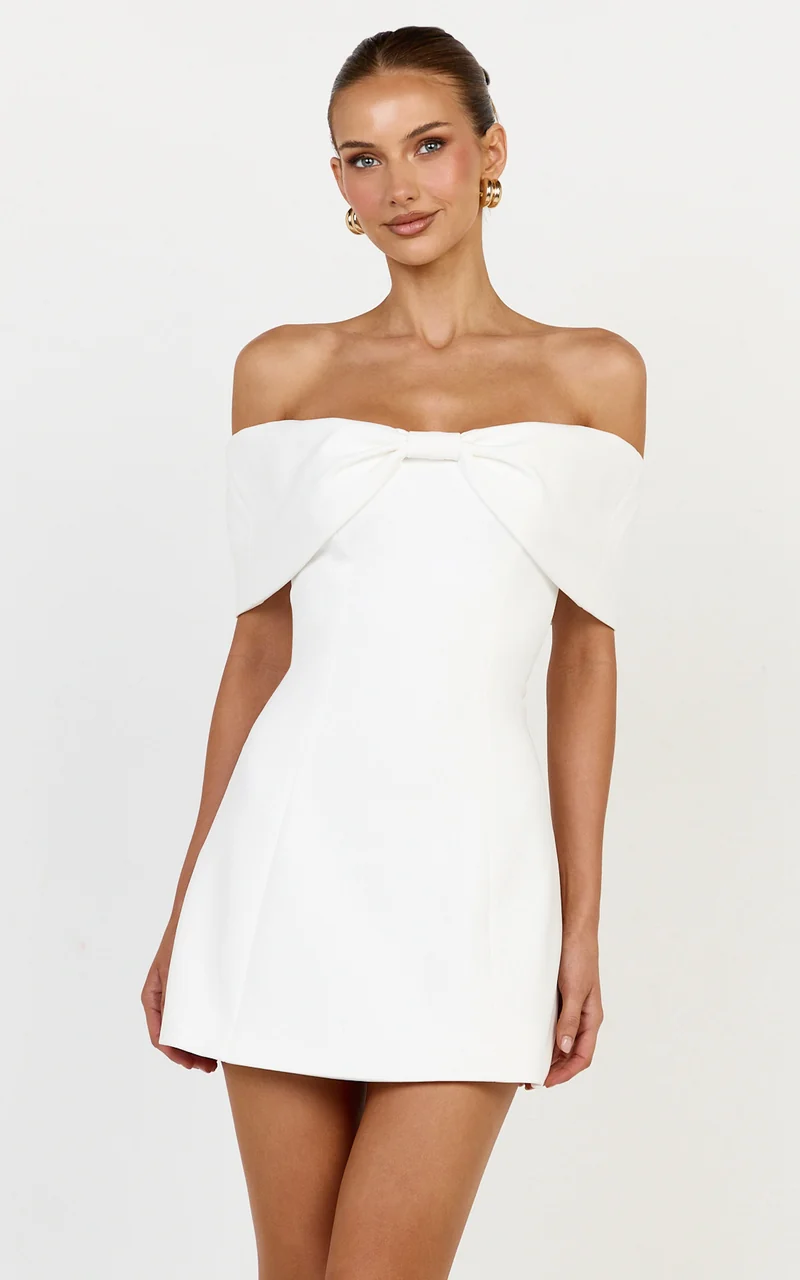 Thalia Mini Dress - Off Shoulder Bow Detail Dress in White