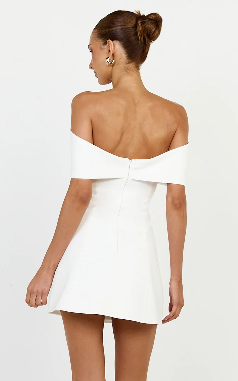 Thalia Mini Dress - Off Shoulder Bow Detail Dress in White