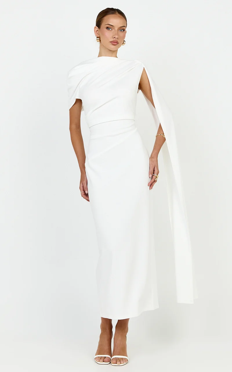 Visenta Midi Dress - Asymmetrical Sleeve Dress in White