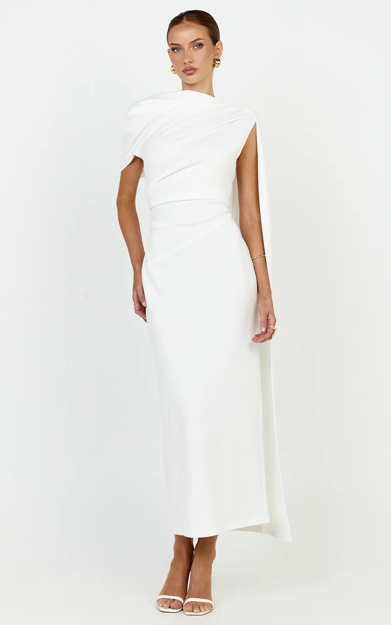 Visenta Midi Dress - Asymmetrical Sleeve Dress in White