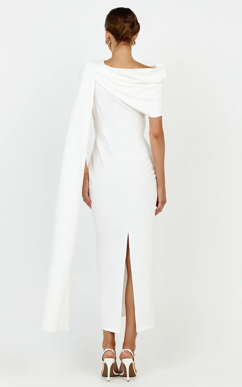 Visenta Midi Dress - Asymmetrical Sleeve Dress in White