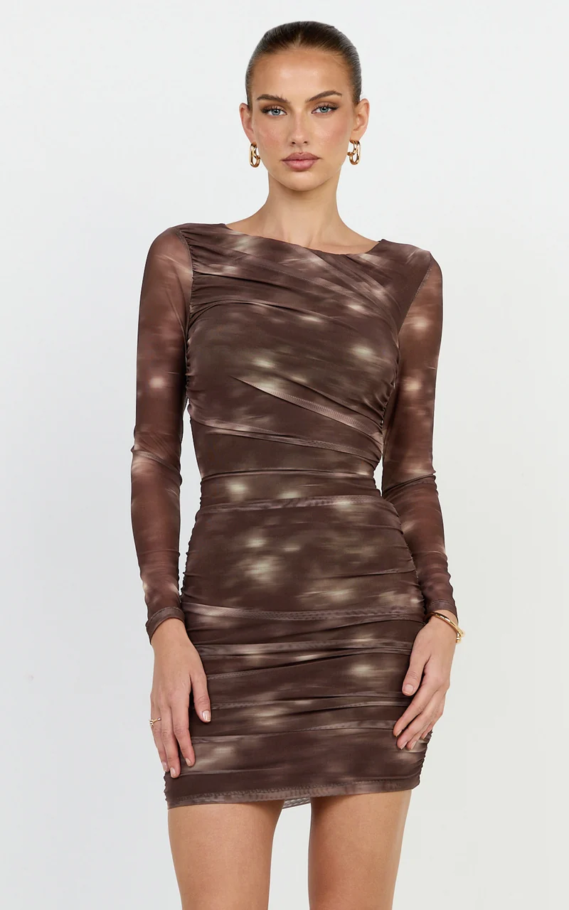 Zita Mini Dress - High Neck Long Sleeve Bodycon Mesh Dress in Chocolate Blurred Print