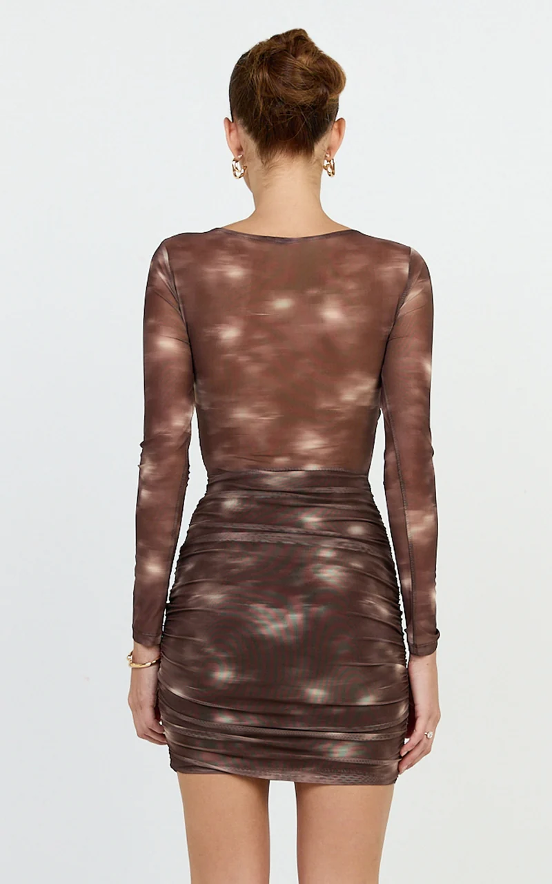 Zita Mini Dress - High Neck Long Sleeve Bodycon Mesh Dress in Chocolate Blurred Print