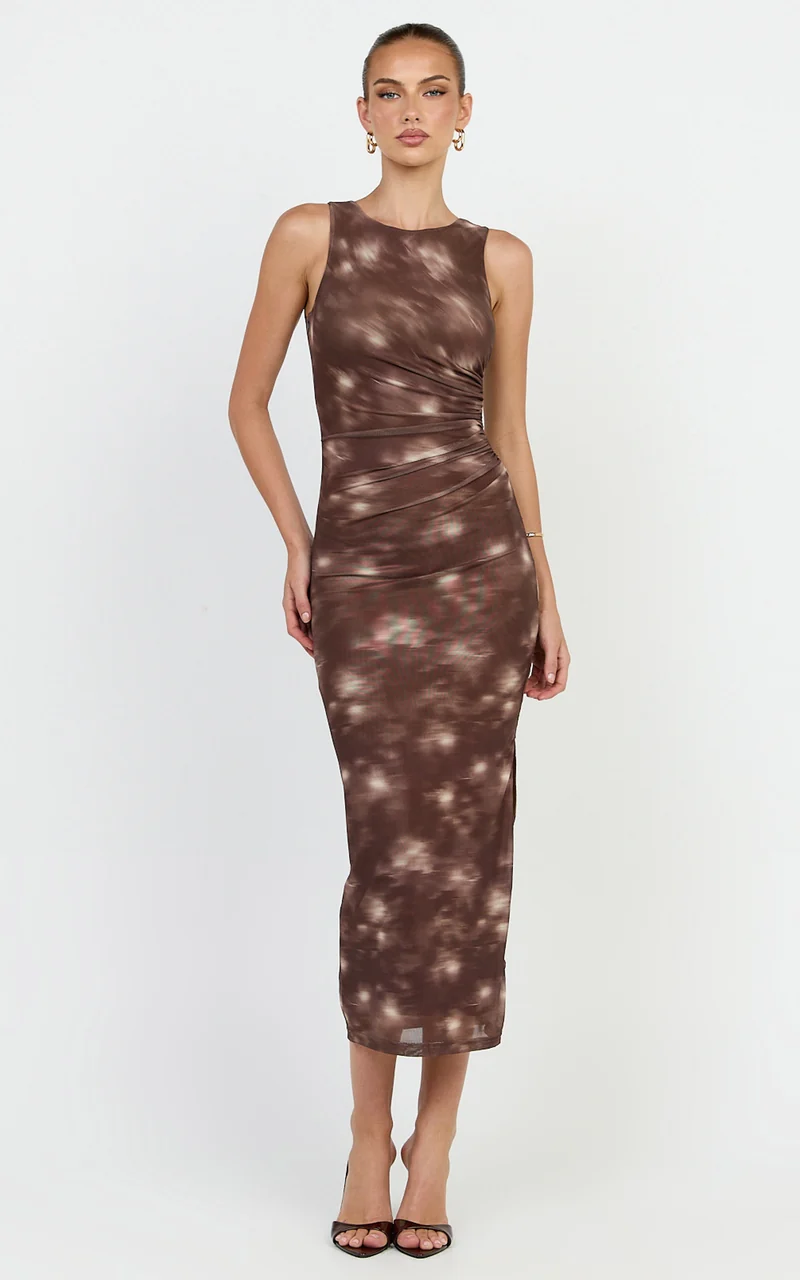 Loralie Midi Dress - Mesh High Neck Bodycon Dress in Chocolate Blurred Print