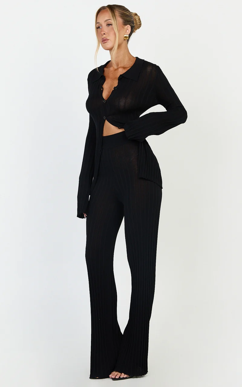 Ezra Two Piece Set - Knitted Button Down Long Sleeve Top and High Waist Pants Set in Black