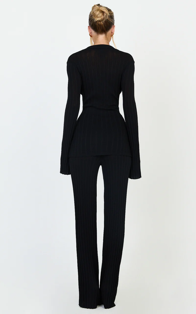 Ezra Two Piece Set - Knitted Button Down Long Sleeve Top and High Waist Pants Set in Black