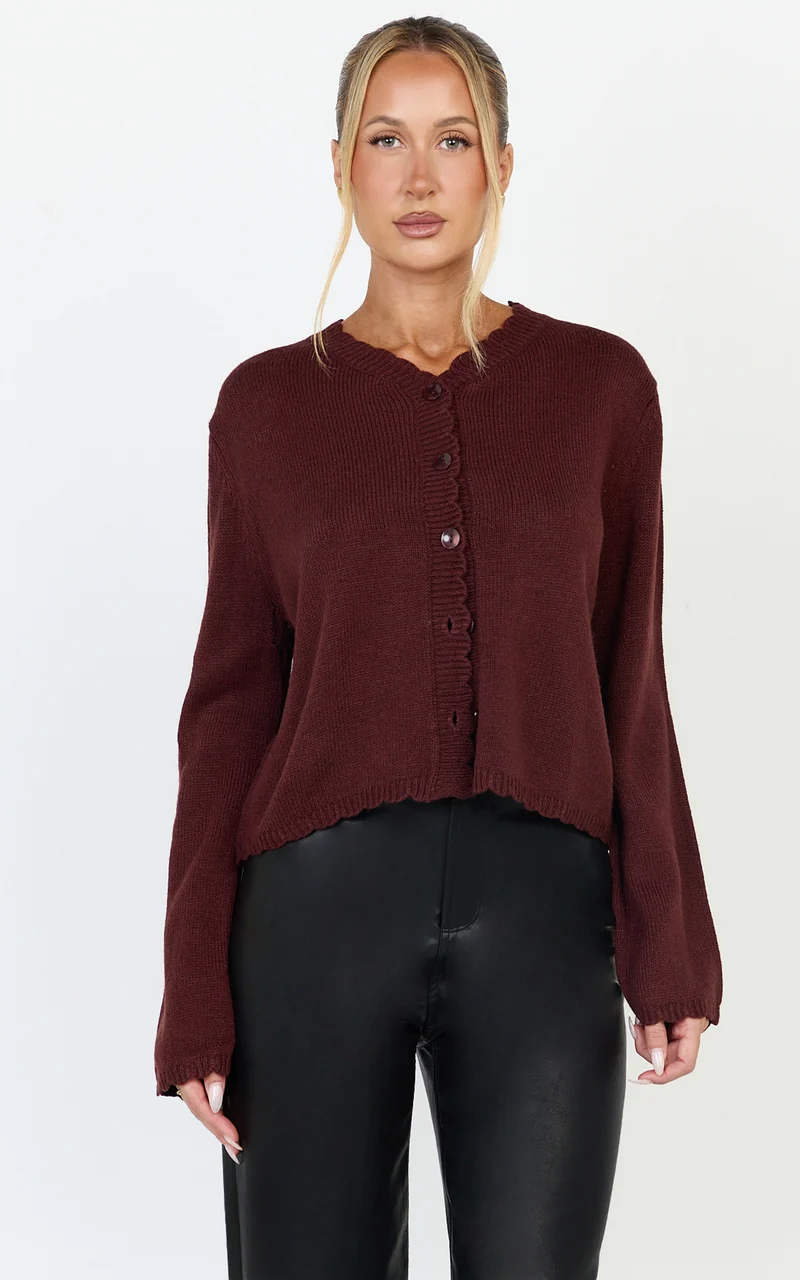 Nova Cardigan - Scallop Edge Button Down Cardigan in Wine