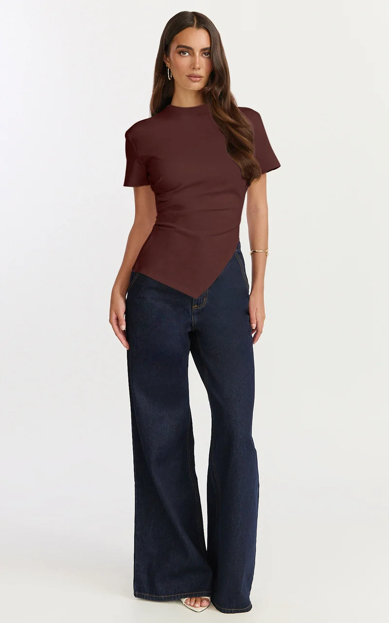 Rosalie Top - Asym Ruched Tshirt in Chocolate