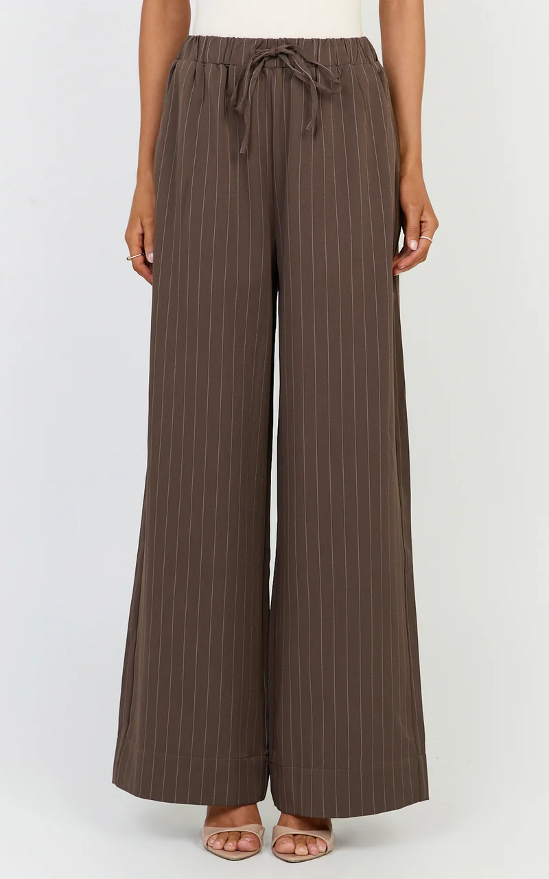 Amara Pants - High Waist Wide Leg Stripe Pants in Chocolate