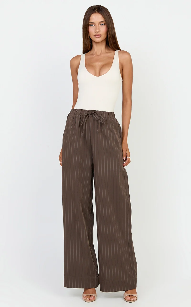 Amara Pants - High Waist Wide Leg Stripe Pants in Chocolate