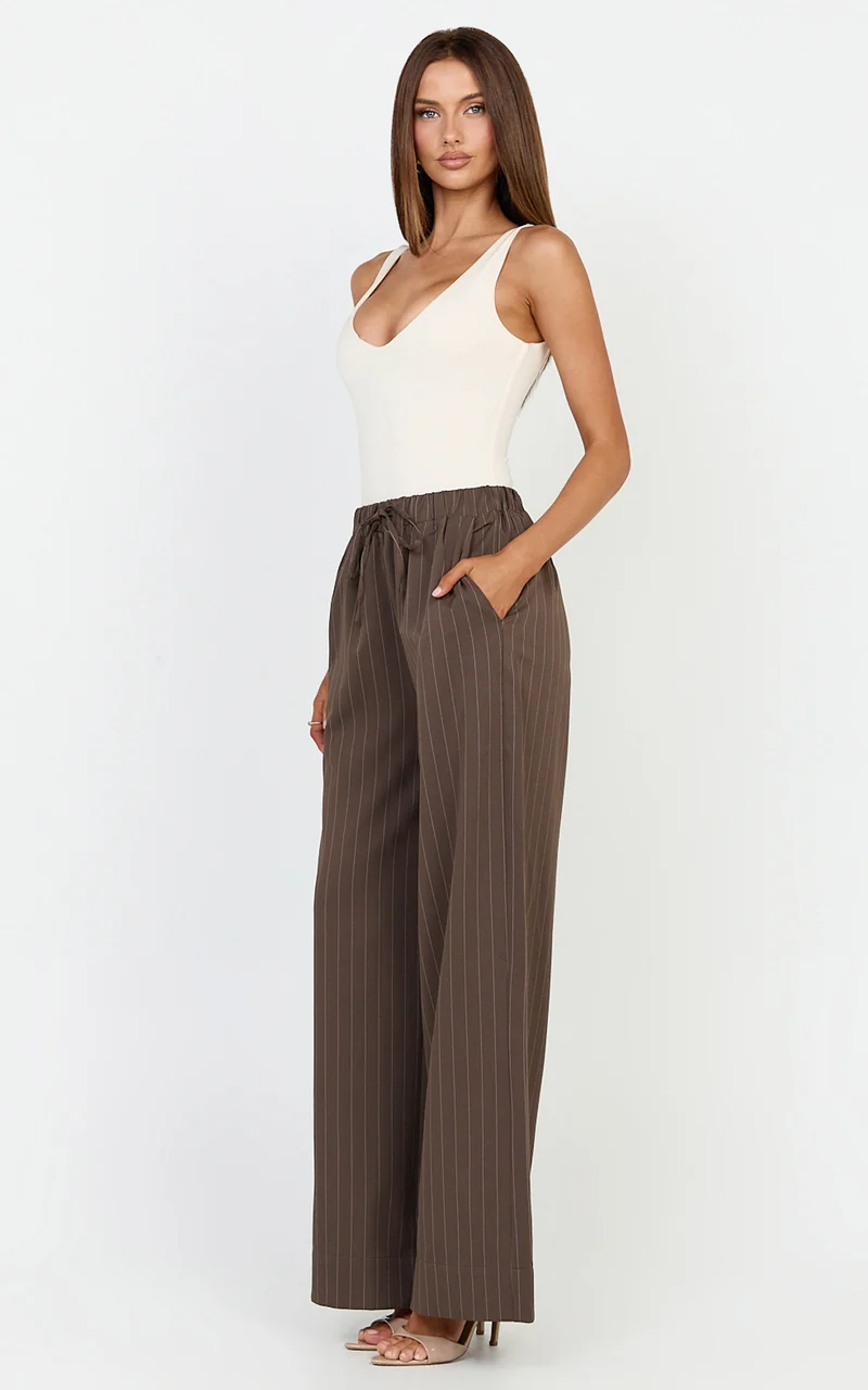 Amara Pants - High Waist Wide Leg Stripe Pants in Chocolate