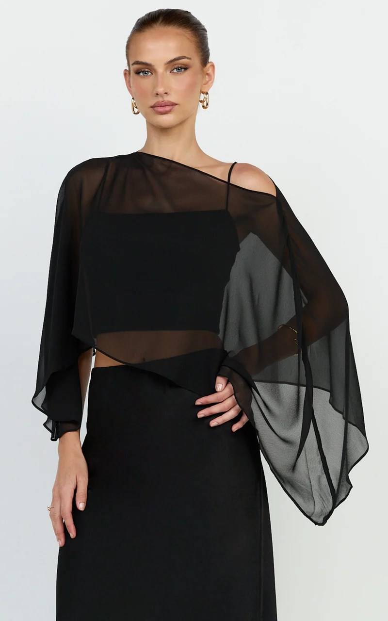 Aya Top - Sheer Off Shoulder Cape Top in Black