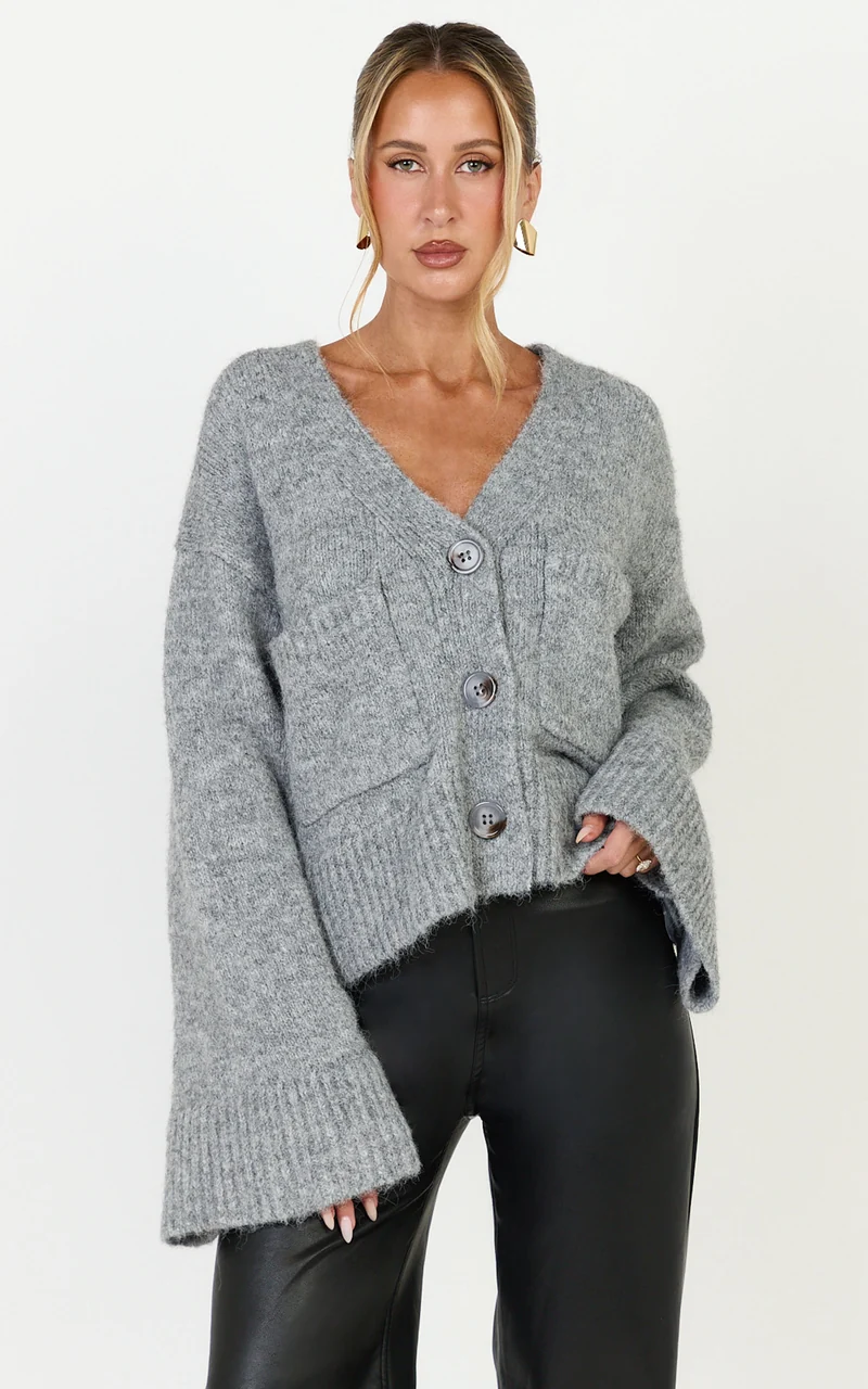 Becka Cardigan - Oversized Recycled Knitted Button Through Cardigan in Grey