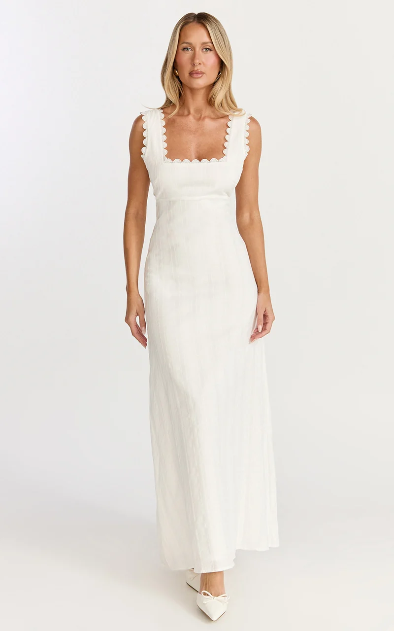 Roxanne Midi Dress - Square Neck Fit And Flare Dress in White
