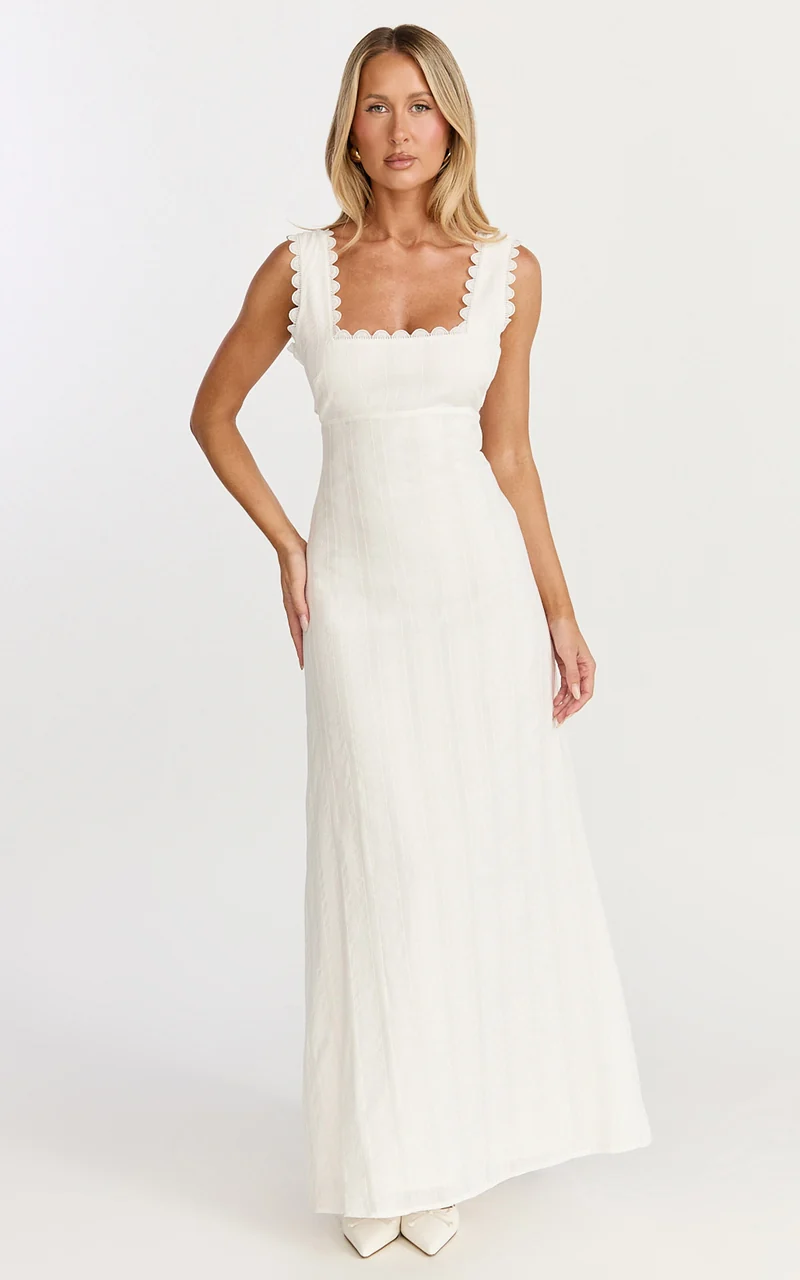 Roxanne Midi Dress - Square Neck Fit And Flare Dress in White