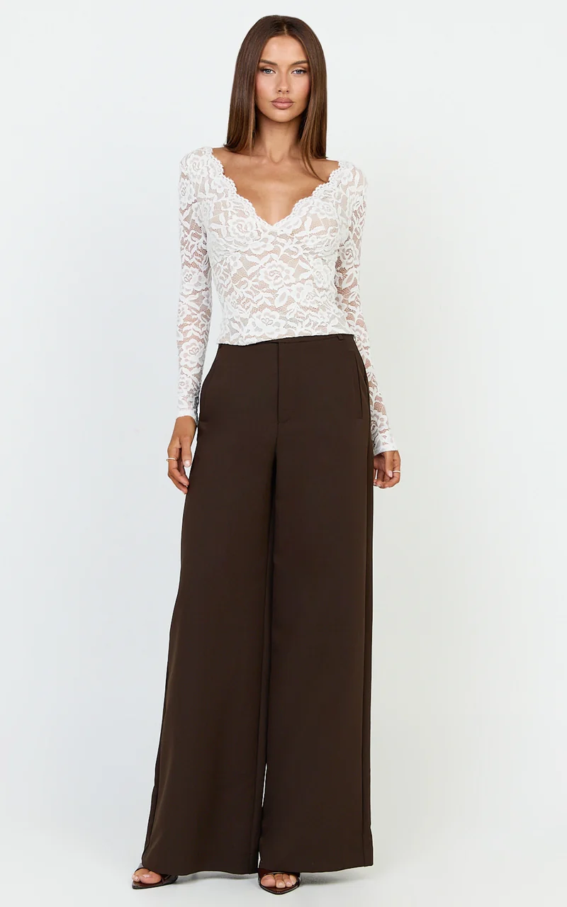 Marlowe Top - V Neck Long Sleeve Lace Top in White