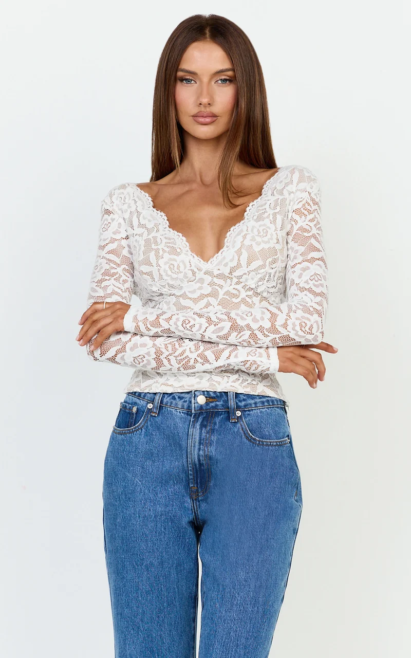 Marlowe Top - V Neck Long Sleeve Lace Top in White