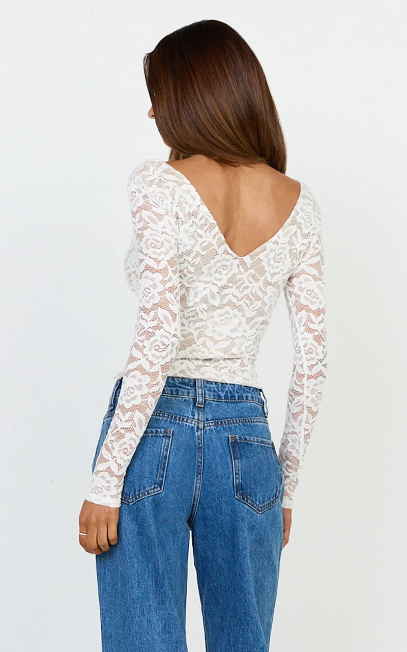 Marlowe Top - V Neck Long Sleeve Lace Top in White
