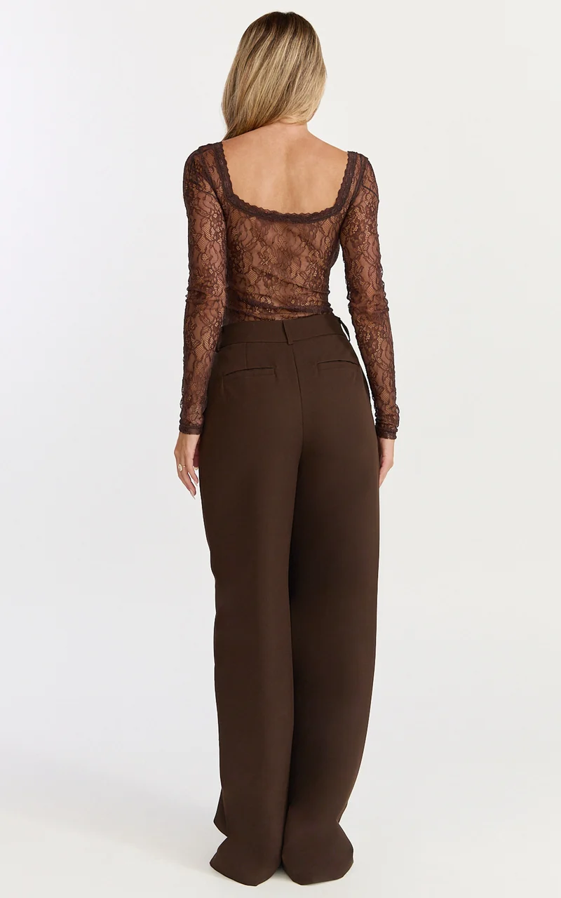 Cynthia Bodysuit - Long Sleeve Lace Bodysuit in Chocolate