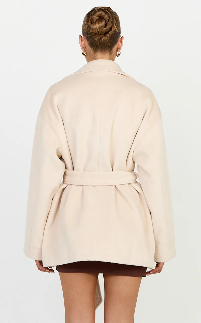 Dahlia Coat - Single Breasted Belted Short Wool Like Coat in Beige