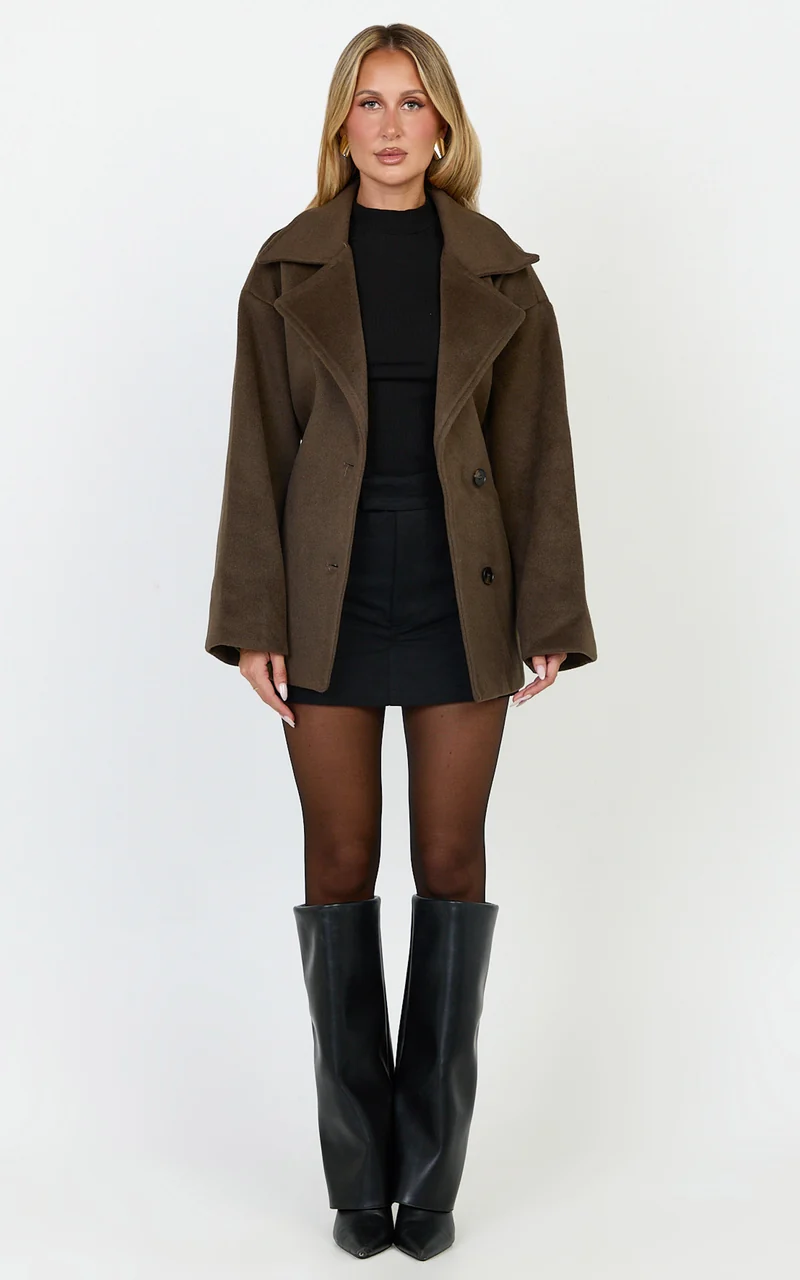 Dahlia Coat - Single Breasted Belted Short Wool Like Coat in Dark Chocolate