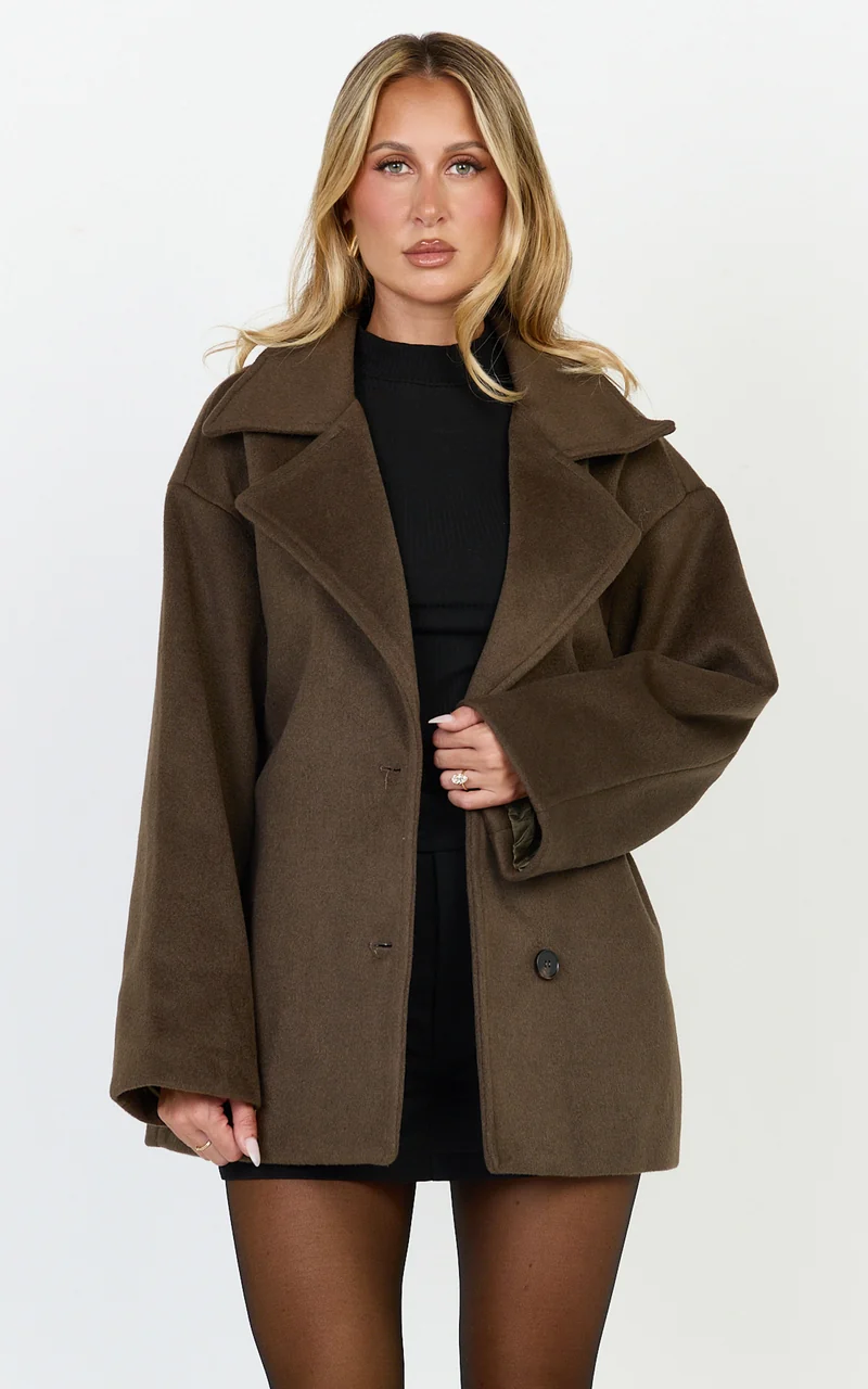 Dahlia Coat - Single Breasted Belted Short Wool Like Coat in Dark Chocolate