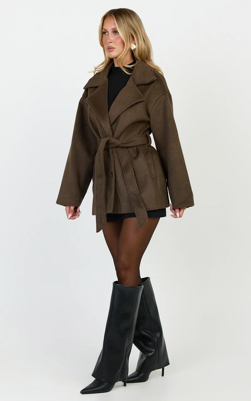 Dahlia Coat - Single Breasted Belted Short Wool Like Coat in Dark Chocolate