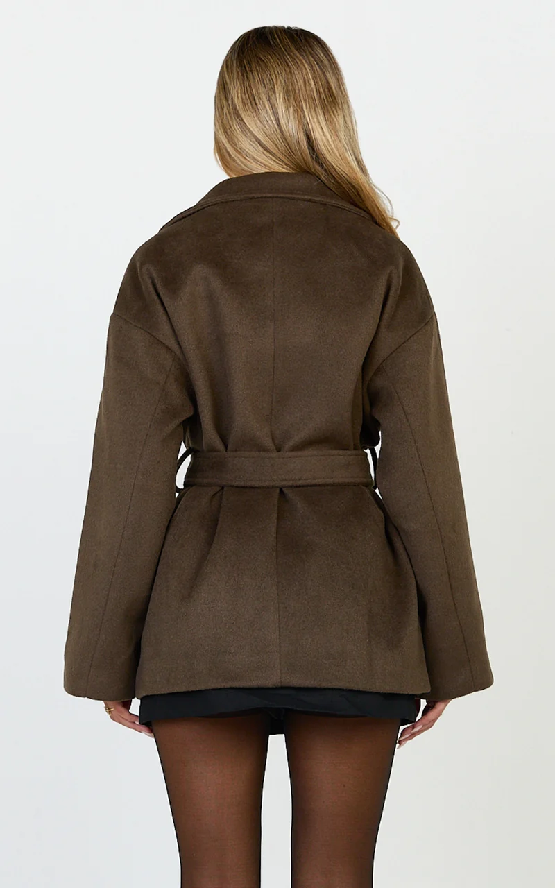 Dahlia Coat - Single Breasted Belted Short Wool Like Coat in Dark Chocolate
