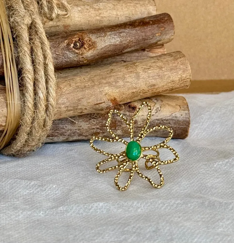 Bague Fleur Coeur vert