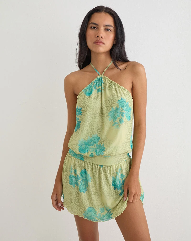 Mini-robe Sunyi « Green Blurred Jungle » avec rose turquoise