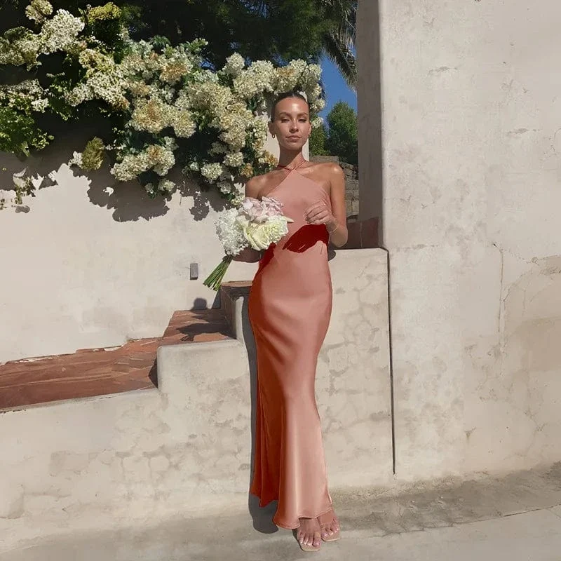 Robe demoiselle d'honneur rose poudré longue