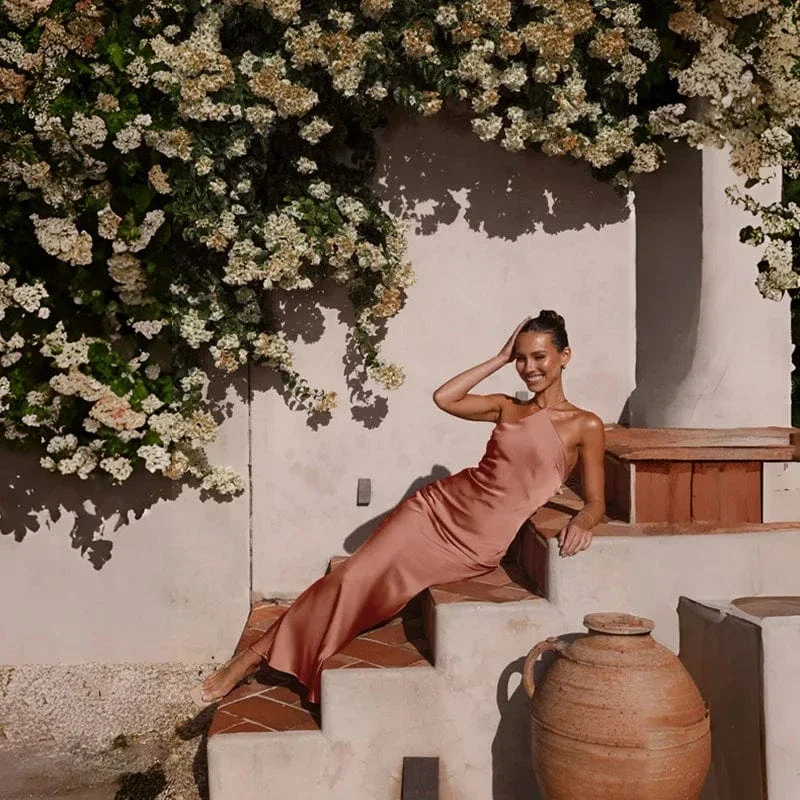 Robe demoiselle d'honneur rose poudré longue