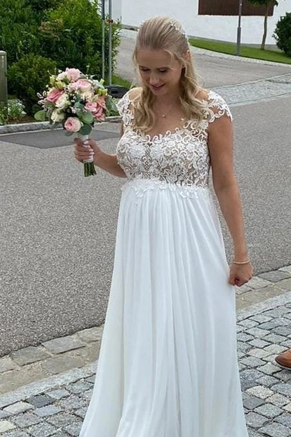 Robe de mariée élégante en mousseline de soie, coupe trapèze, sans manches, avec appliques et dentelle