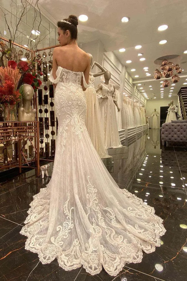 Robe de mariée sirène élégante à épaules dénudées avec dentelle en tulle et traîne
