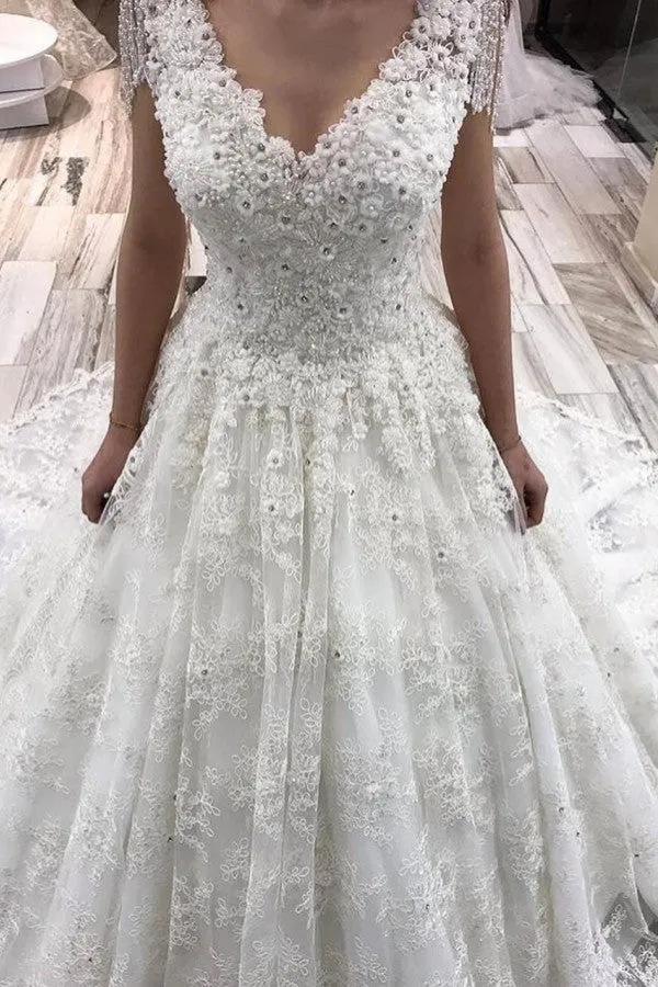 Robe de mariée trapèze en tulle, épaules dénudées, avec appliques en dentelle, élégante