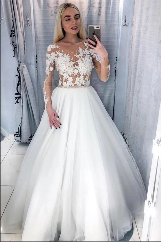 Robe de mariée trapèze en cristal, décolleté en V profond, longueur au sol, avec appliques en dentelle