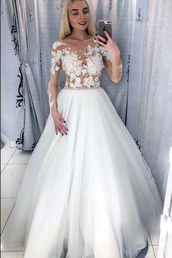 Robe de mariée trapèze en cristal, décolleté en V profond, longueur au sol, avec appliques en dentelle
