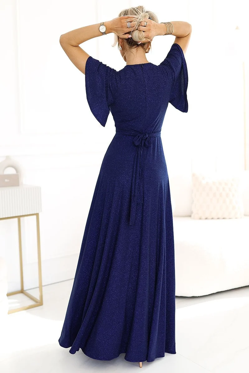 Robe de soirée chic longue fendue manches courtes