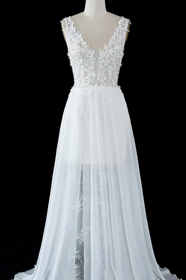 Robe de mariée trapèze en tulle transparent avec bretelles fendues en dentelle, élégante robe de mariée