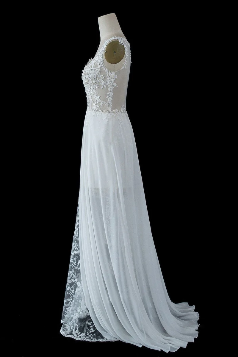 Robe de mariée trapèze en tulle transparent avec bretelles fendues en dentelle, élégante robe de mariée
