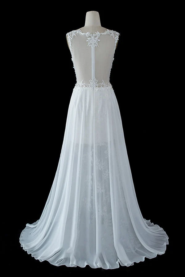 Robe de mariée trapèze en tulle transparent avec bretelles fendues en dentelle, élégante robe de mariée