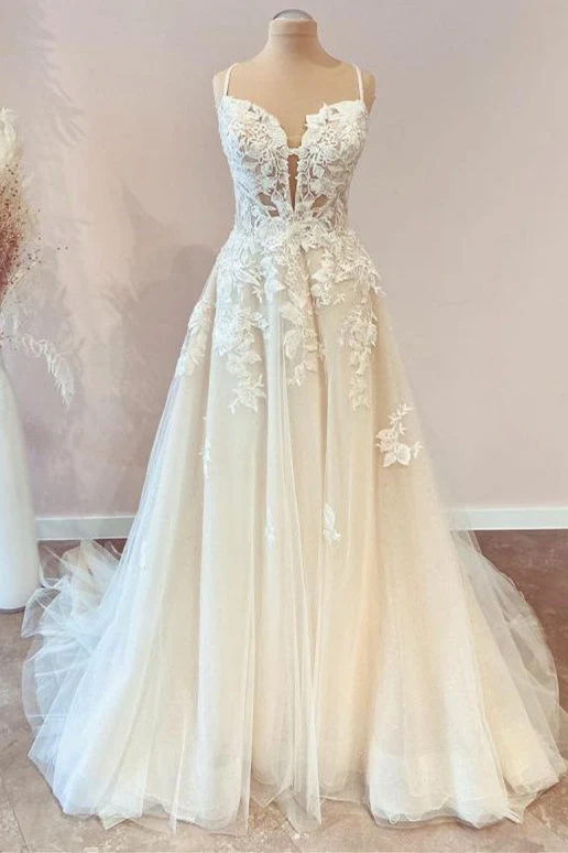 Robe de mariée élégante en tulle avec appliques et bretelles en dentelle délicate