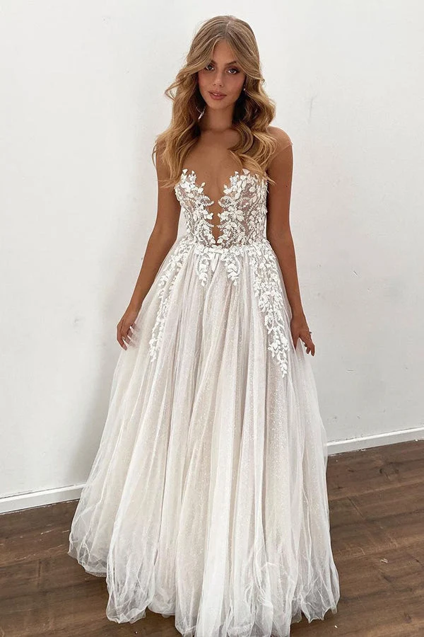 Robe de mariée trapèze transparente avec appliques en tulle, longueur au sol