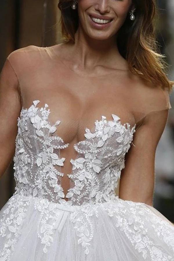 Robe de mariée trapèze transparente avec appliques en tulle, longueur au sol