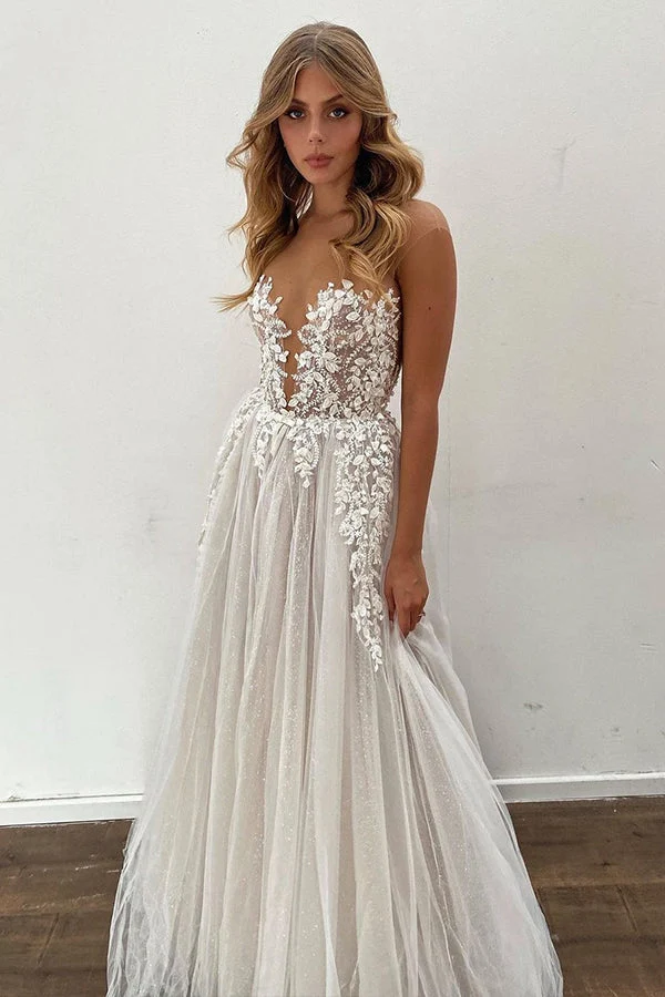 Robe de mariée trapèze transparente avec appliques en tulle, longueur au sol