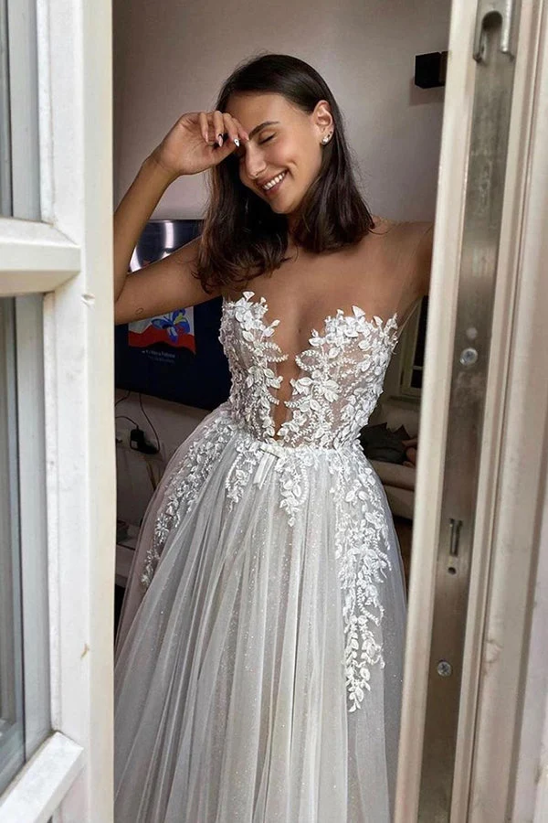 Robe de mariée trapèze transparente avec appliques en tulle, longueur au sol