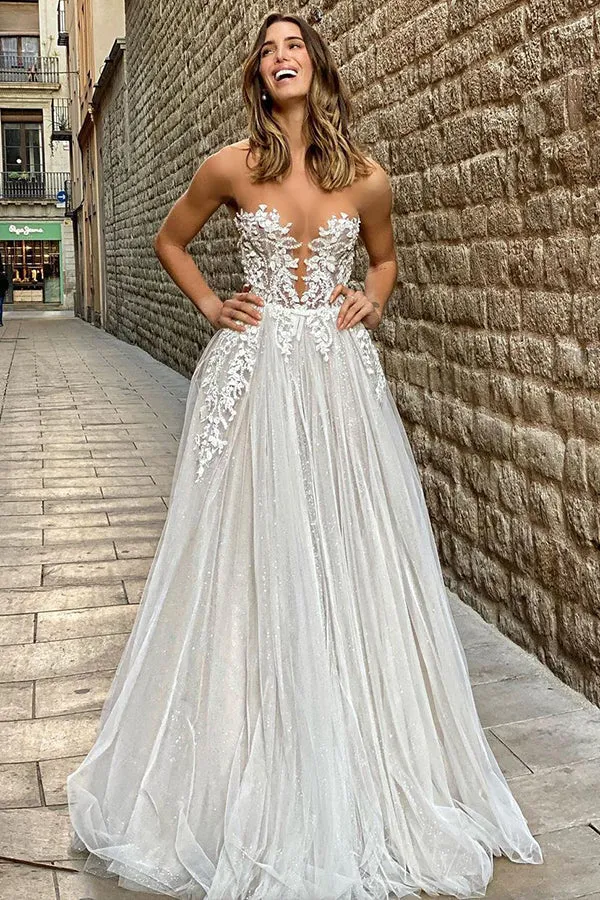 Robe de mariée trapèze transparente avec appliques en tulle, longueur au sol