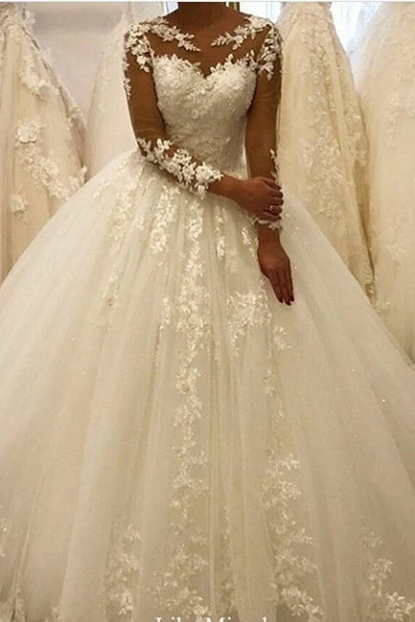 Robe de mariée élégante à manches longues et coupe trapèze avec appliques en dentelle