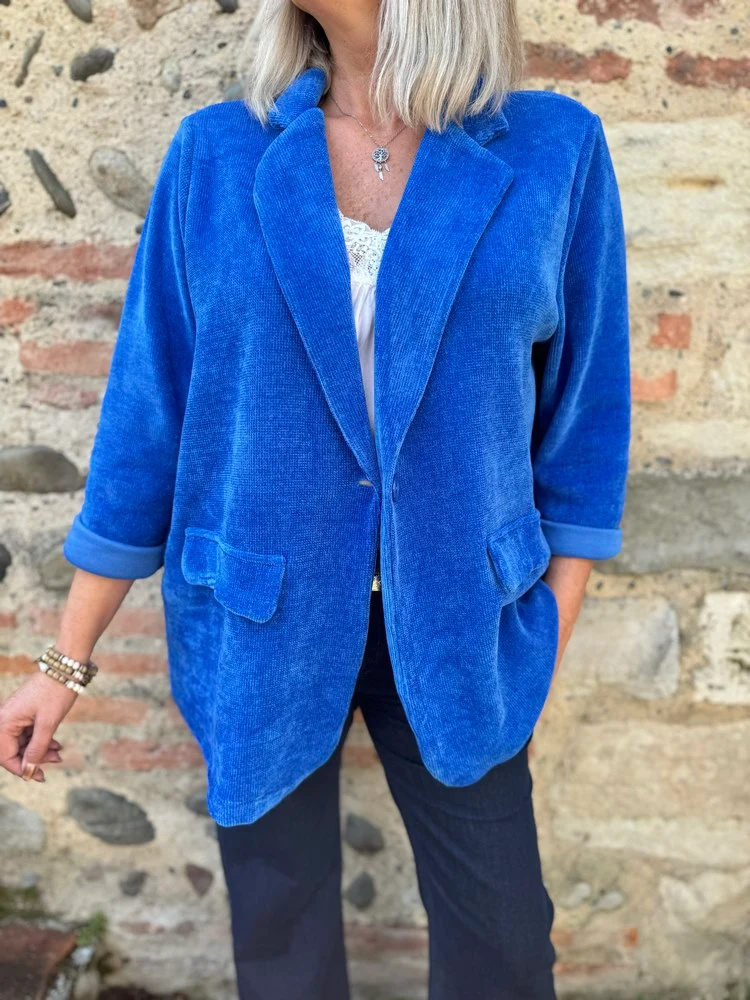 Veste tailleur en velours Sandra + bleu roi