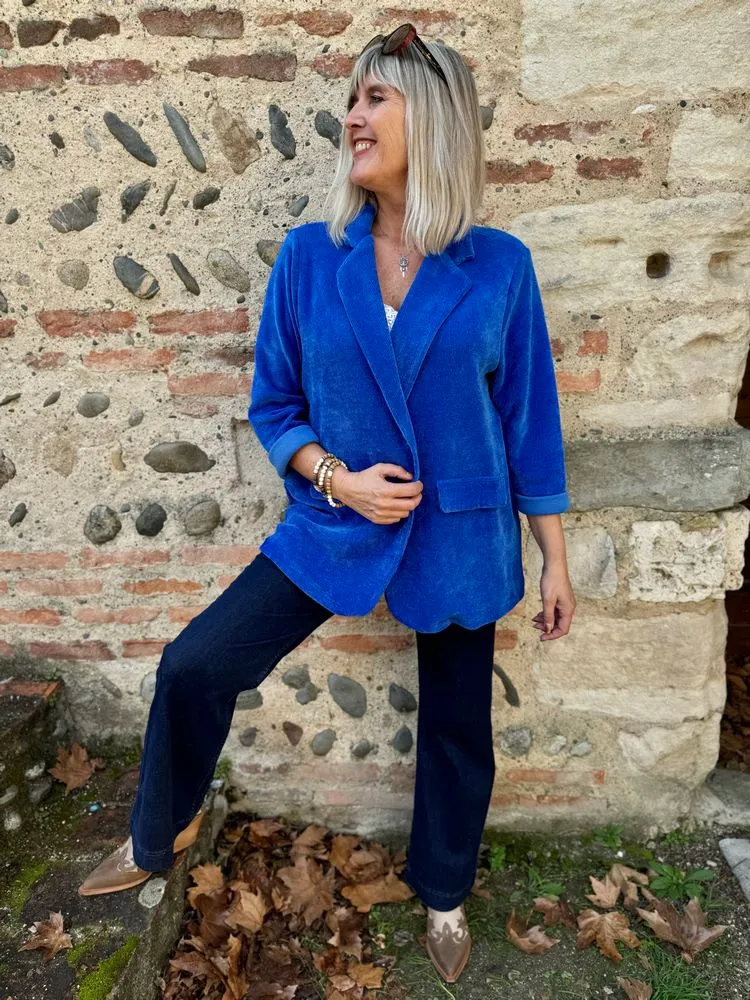 Veste tailleur en velours Sandra + bleu roi